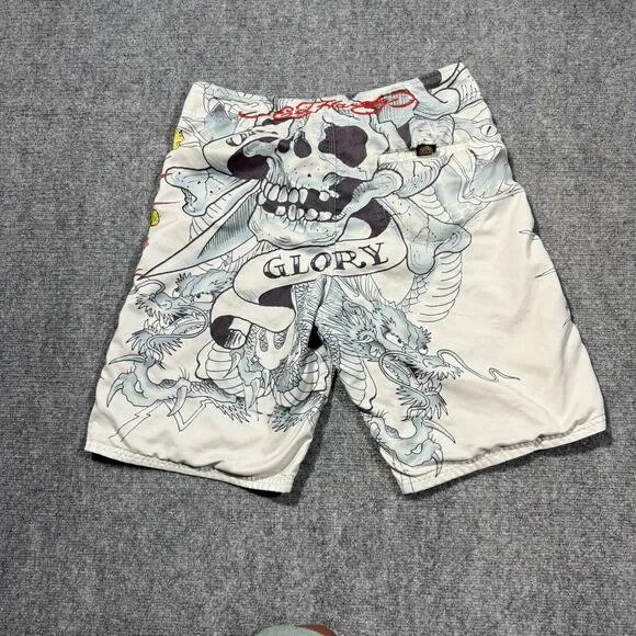 Vtg Ed Hardy Shorts Mens 34 White Swim Board Trunks Skull Dragon Tattoo Y2K - Picture 2 of 11